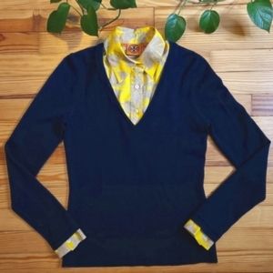 Tory Burch Wool Navy Blue Sweater Yellow Tan Pattern V-Neck Button Down - small